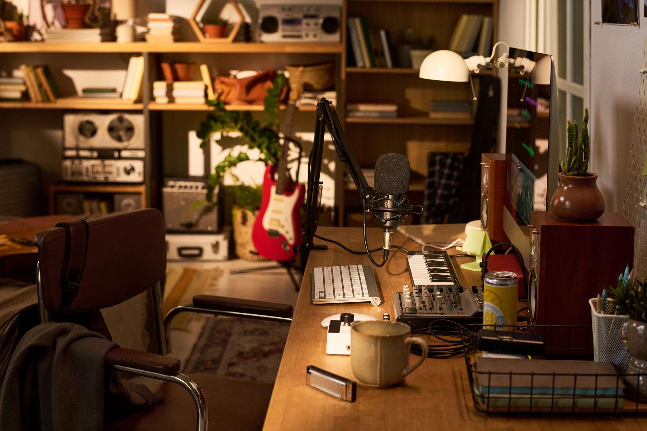 Podcast recording workspace with microphone and audio equipment